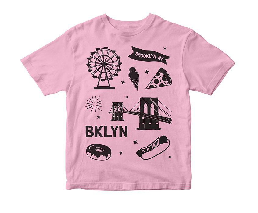 child Brooklyn t-shirt made in Brooklyn, NY pink t-shirt with pizza, Bk bridge, hotdog, donut and ice cream cone on it. 