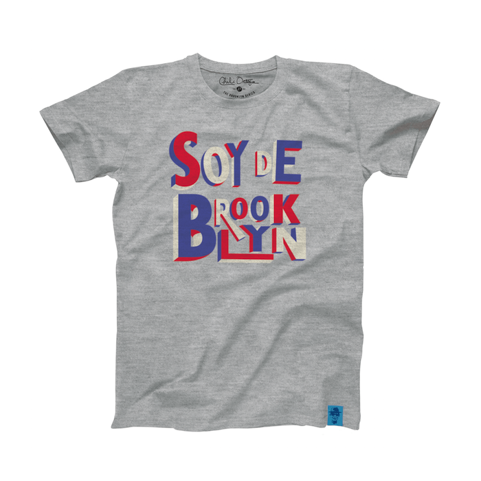 Soy De Brooklyn t-shirt for kids, designed and printed in Brooklyn, grey with purple, white and red writing 