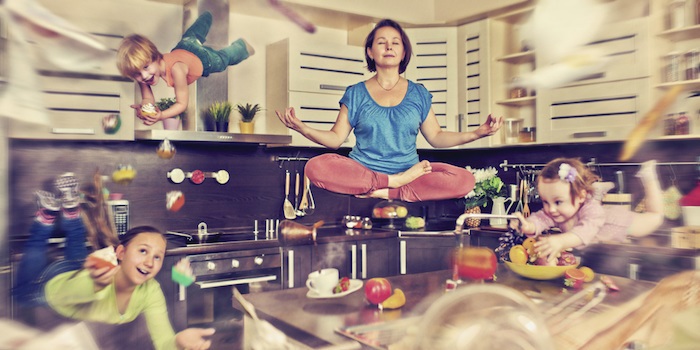 yoga, mom, relaxation, posing, red, blue, woman, mother, kitchen, work, employee
