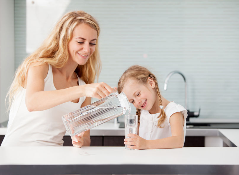 woman, child, mother, daughter, girl, blonde, braids, water, glass, container, pour, white, kitchen, sink, drink