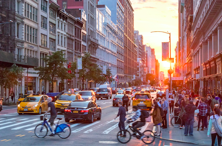 nyc, streets, taxi, sunset, bike, building, busy, moving