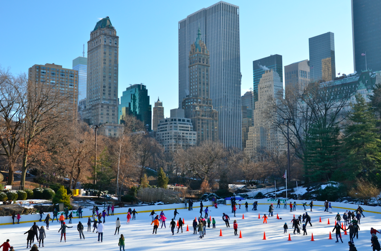 skating, ice, cold, winter, nyc, skyline, buildings, family, trees, central park, sky, 