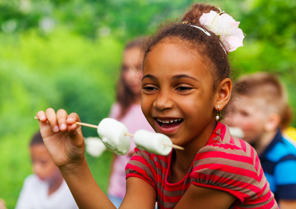 marshmallow, girl, smile, camp, amores, outdoors, summer camp, summer, fun