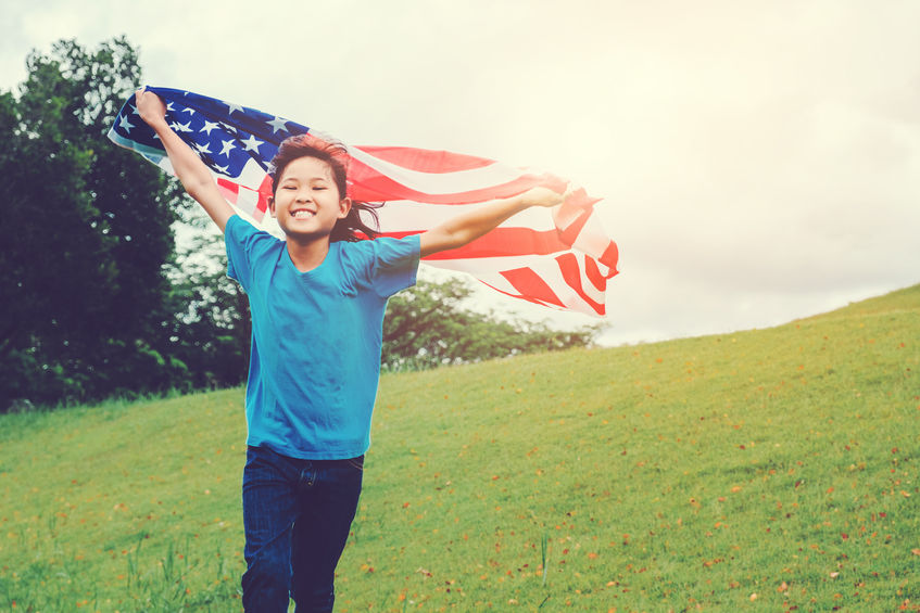 child, girl, running, flag, america, american flag, red, white, blue, jeans, brunette, grass, hill, tree, green, summer