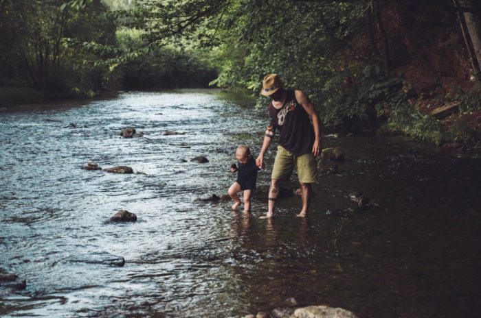 man, baby, water, river, parent, stream, nature, outdoors