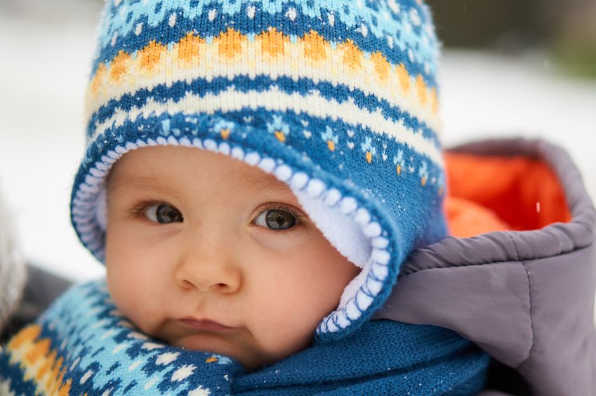 Baby in winter clothing. 