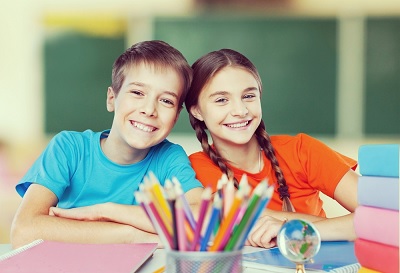 school, colored pencils, books, children in class