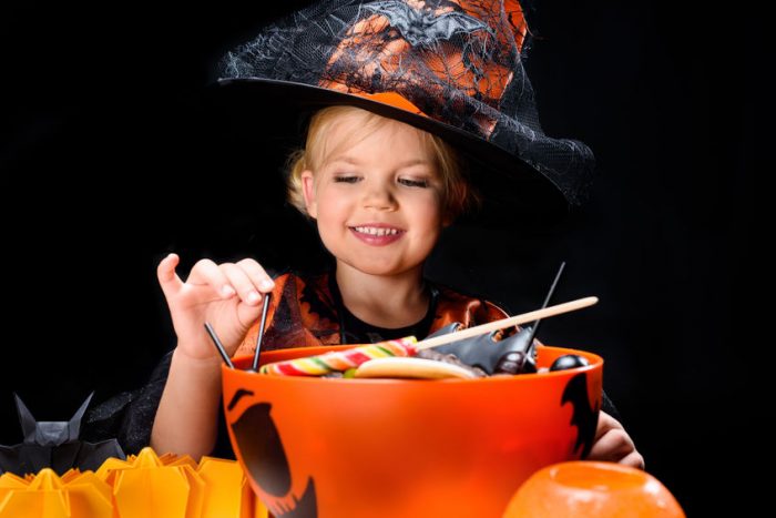 girl, witch, candy, halloween, pumpkin, hat