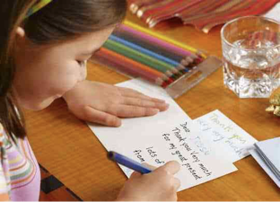 Child, writing, thank you note, colored pencils, card