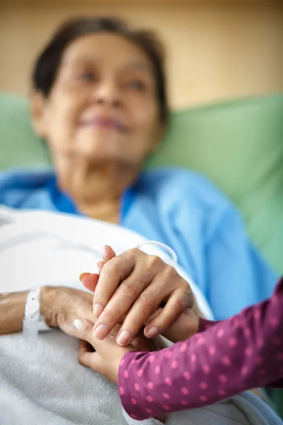 elderly woman, sick, dying, child's hands, caring, blue, pink,