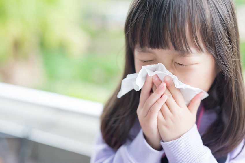 little girl, cold, flu, blowing her nose, asian, pink, bangs, child, sick, sick child, springtime illness