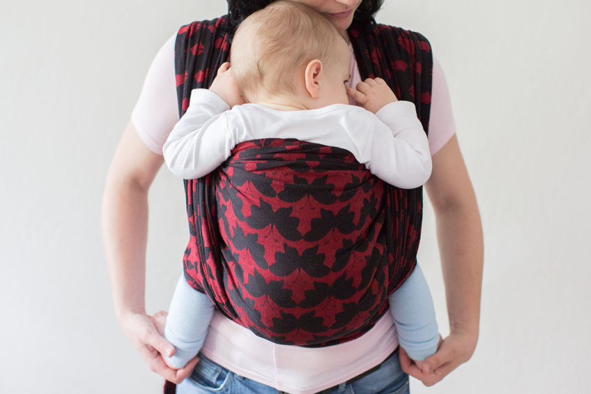 babywearing, baby, mother, woman, adult, infant, pink, jeans, blue, red, black