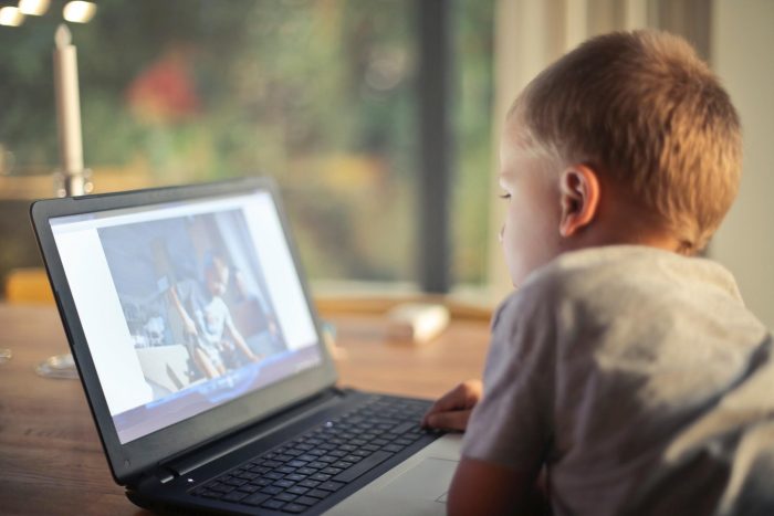 child, boy, kid, blonde, laptop, computer, screen, video, media, black, gray, table, window
