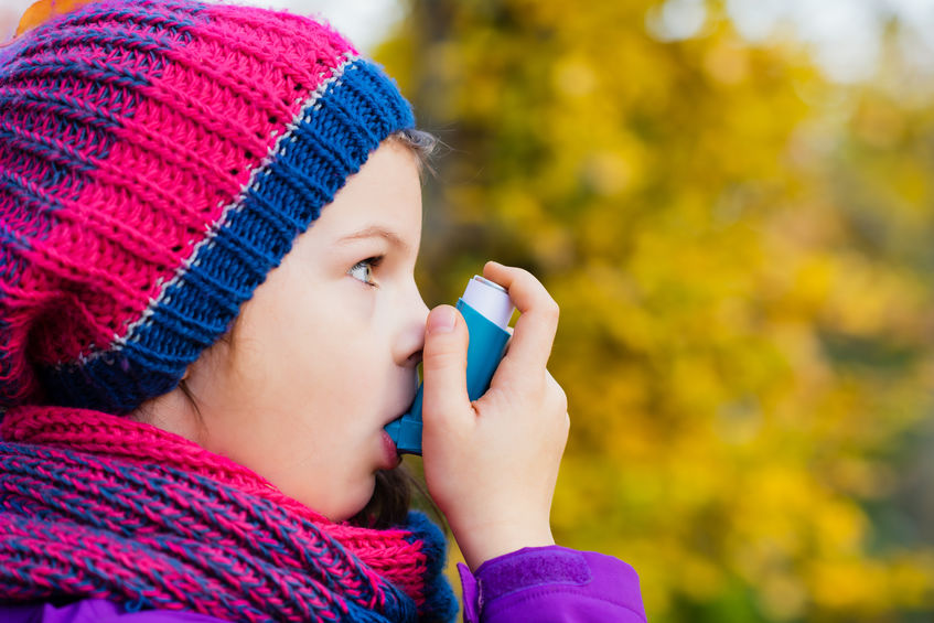 child, asthma, inhaler, fall, outside, hat, scarf, blue, pink, purple, nature