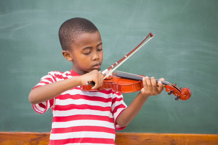 boy, child, student, instrument, violin, bow, shirt, stripes, chalkboard, red, white, green