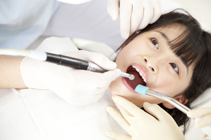 girl, child, daughter, mouth, teeth, lips, bangs, dentist, gloves, doctor, tools, white, blue