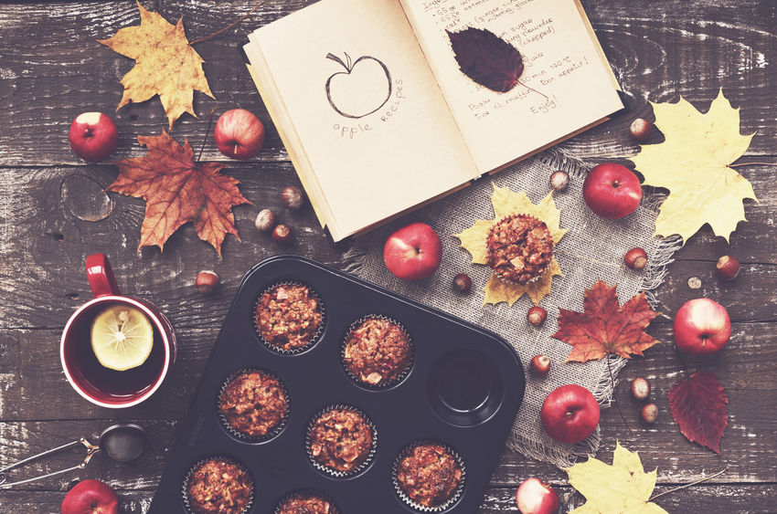apples, muffins, fall, food, leaves, book, colors, wood, table