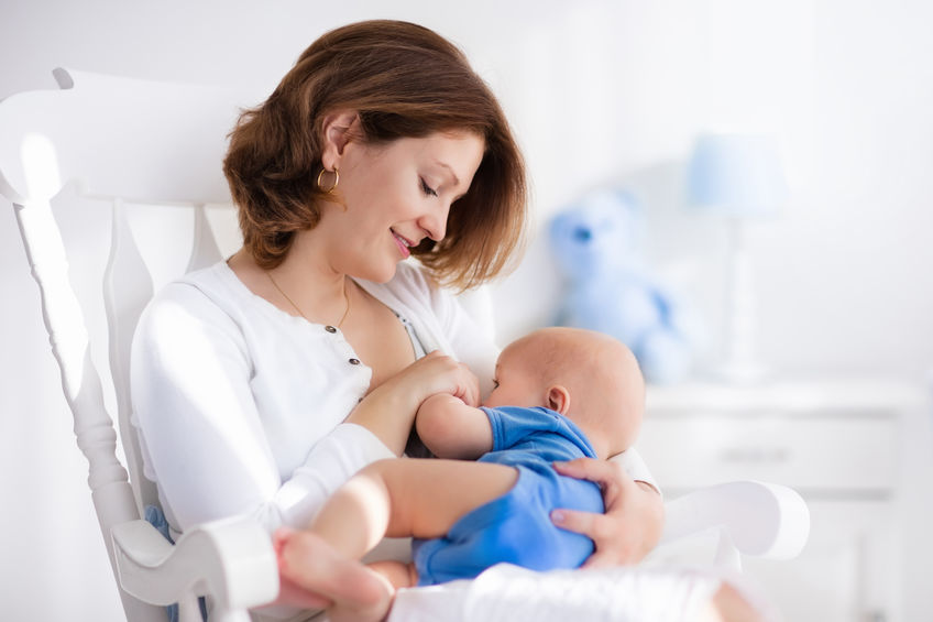 woman, baby, mother, chair, white, shirt, onesie, blue, brunette, breastfeeding, breastfeeding successfully