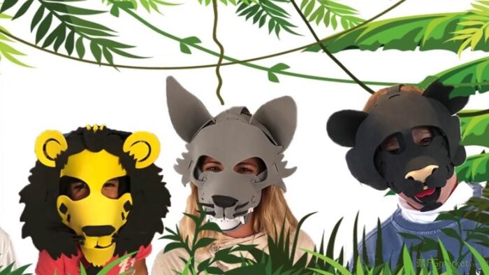 kids, jungle, elephant, mask, lion, bear, leaves, blonde