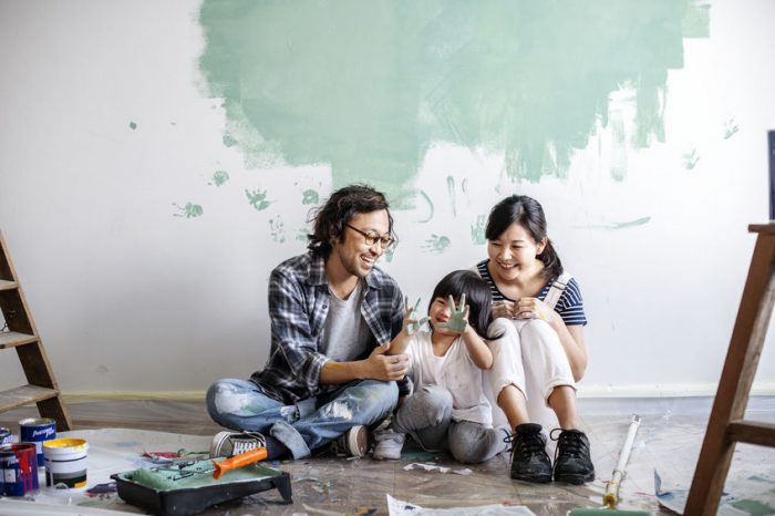 paint, mom, dad, child, flannel, boots, ladder, jeans, wall, messy, brush, plastic, wood, plaster