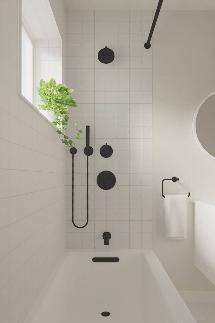 contemporary white shower with black faucet
