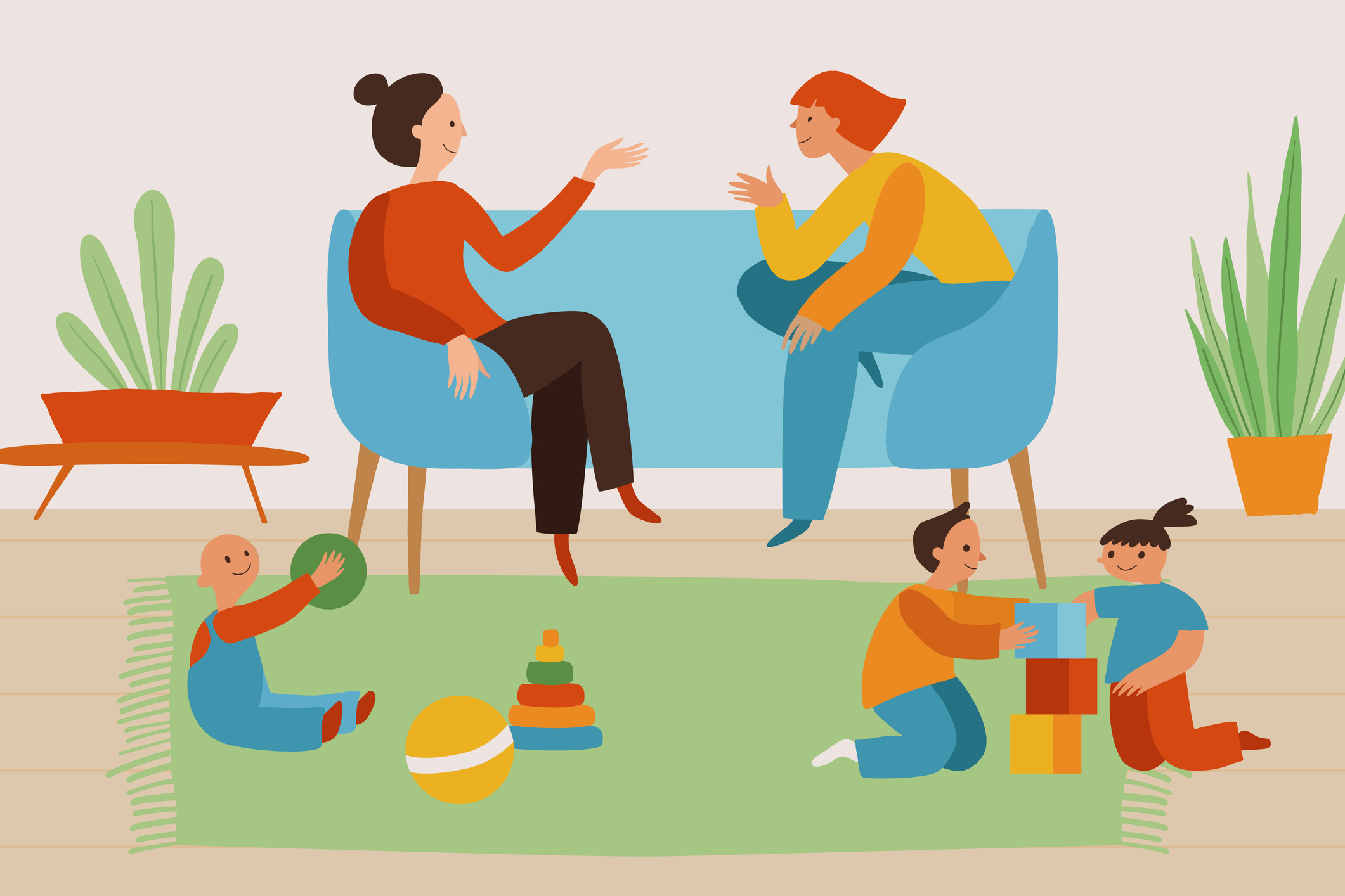New mom friends. Cozy simple illustration.