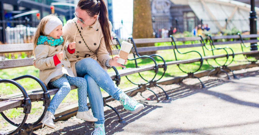 mother and daughter on nyc bench