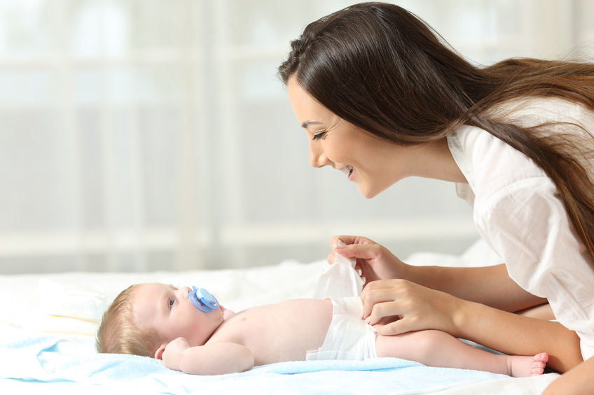 mother, nanny, caretaker, baby, newborn, diaper, blue, brunette, window, pacifier