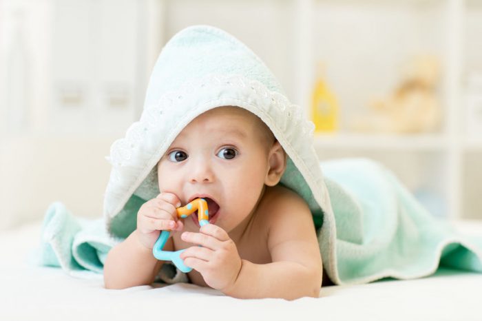 baby, child, infant, teething, teething ring, tooth, shower, towel, bath, blue, white